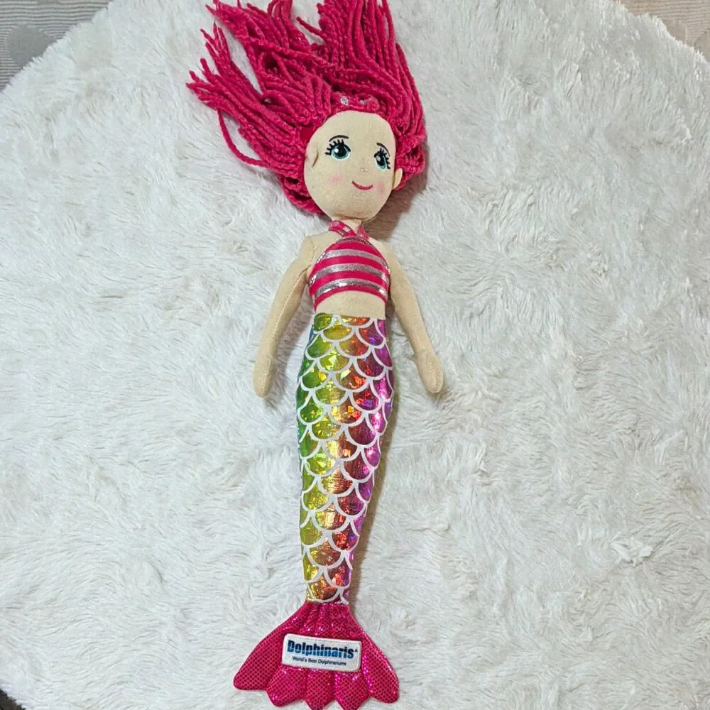 Dolphinaris Mermaid Plush Doll Pink Yarn Hair Rainbow Sequin Tail Souvenir